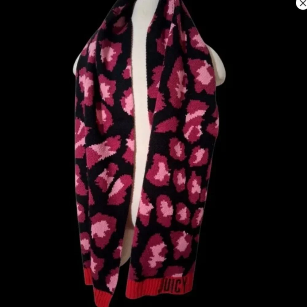 Juicy Couture Pink Red Leopard Print Knit Scarf Embroidered Logo Y2K McBling OS